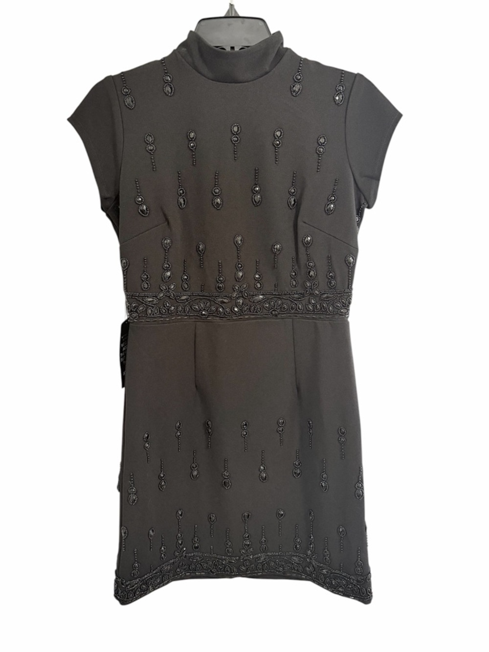 White House Black Market Black Mockneck Embellished Crepe Cap-Sleeve Dress